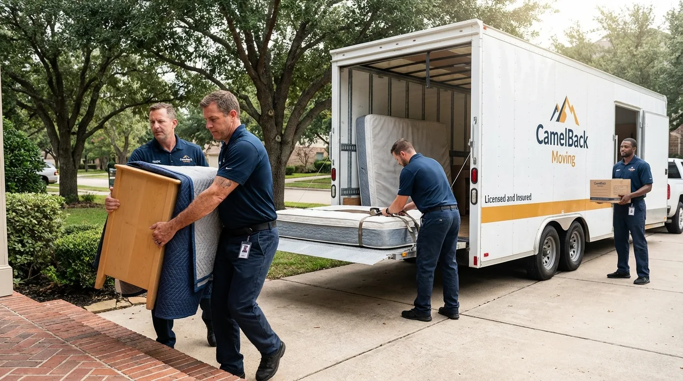 Crew loading residential truck for cross-state move from Carrington, ND