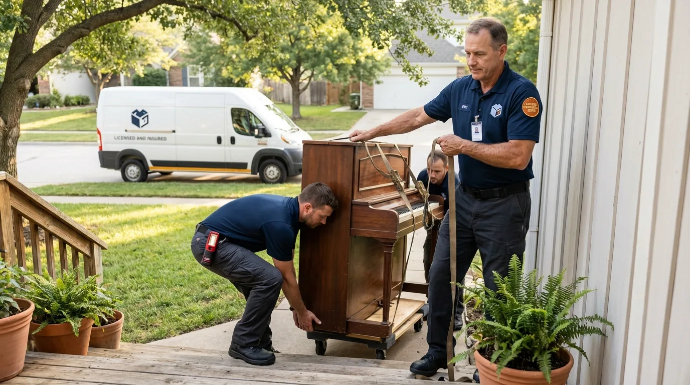 Licensed piano movers securing grand piano in Carrington, ND
