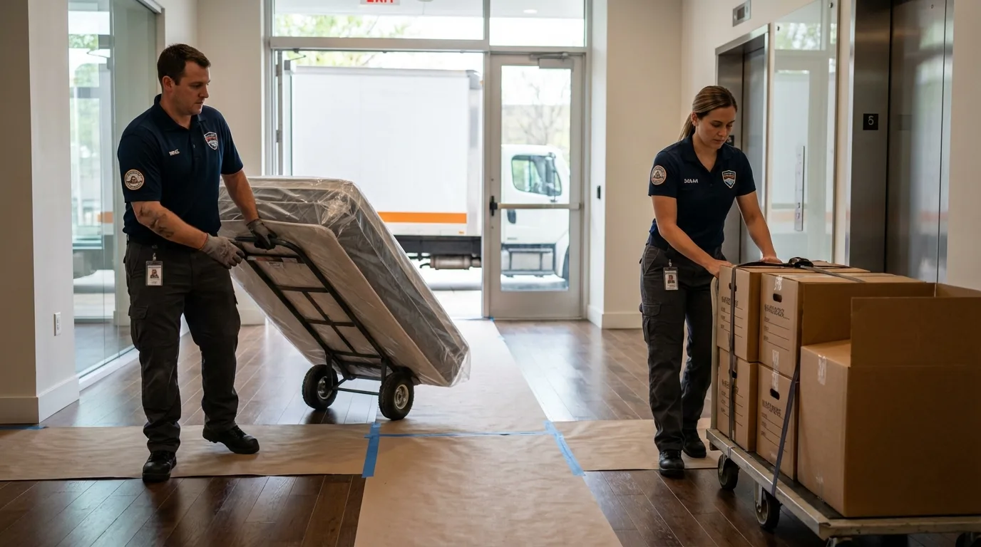 Professional apartment movers loading elevator in Carrington, ND