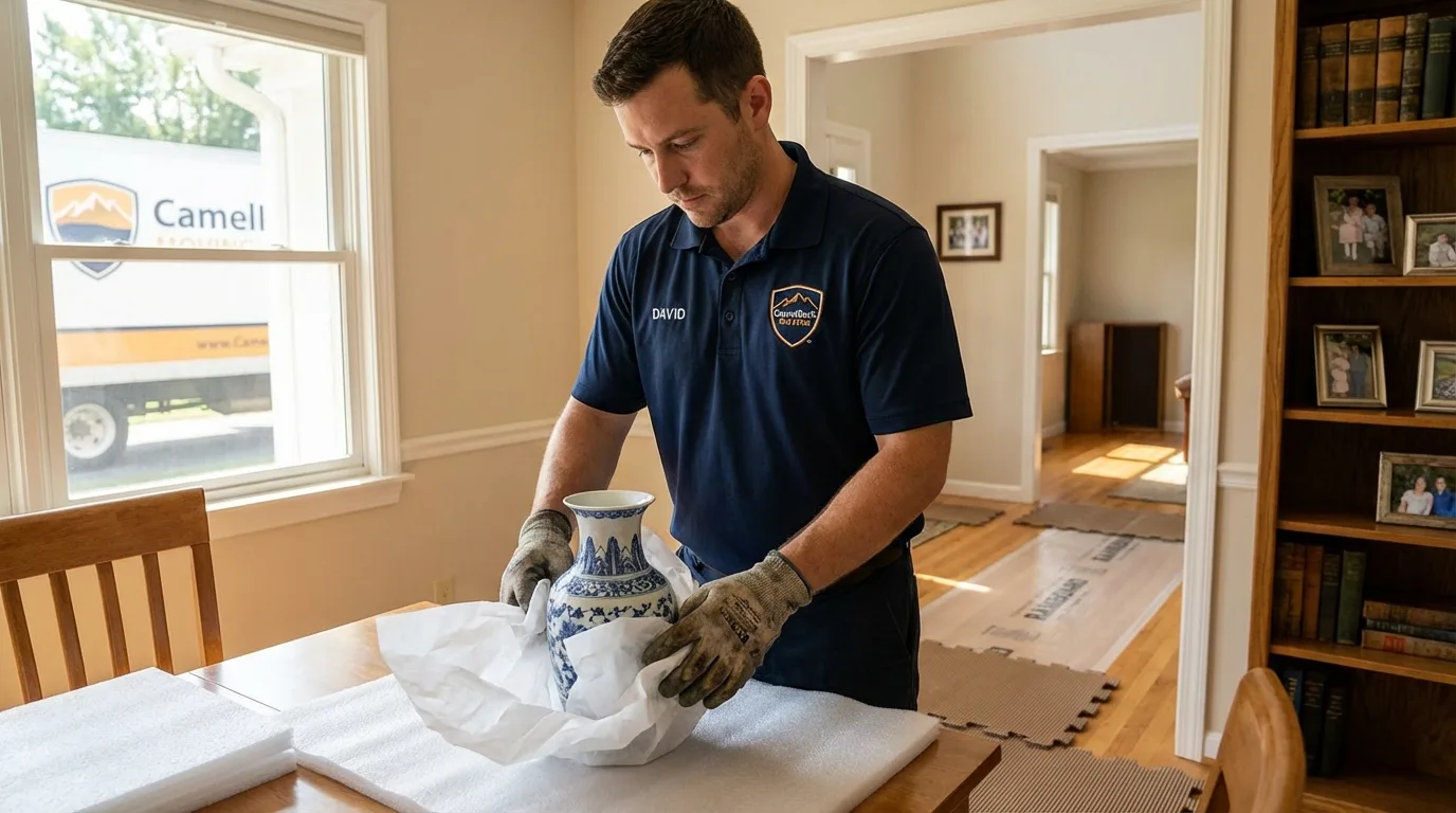 Professional crew carefully wrapping antique vase for senior downsizing move in Carrington, ND